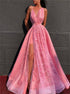 A Line V Neck Pink Satin Prom Dress with Slit LBQ1021